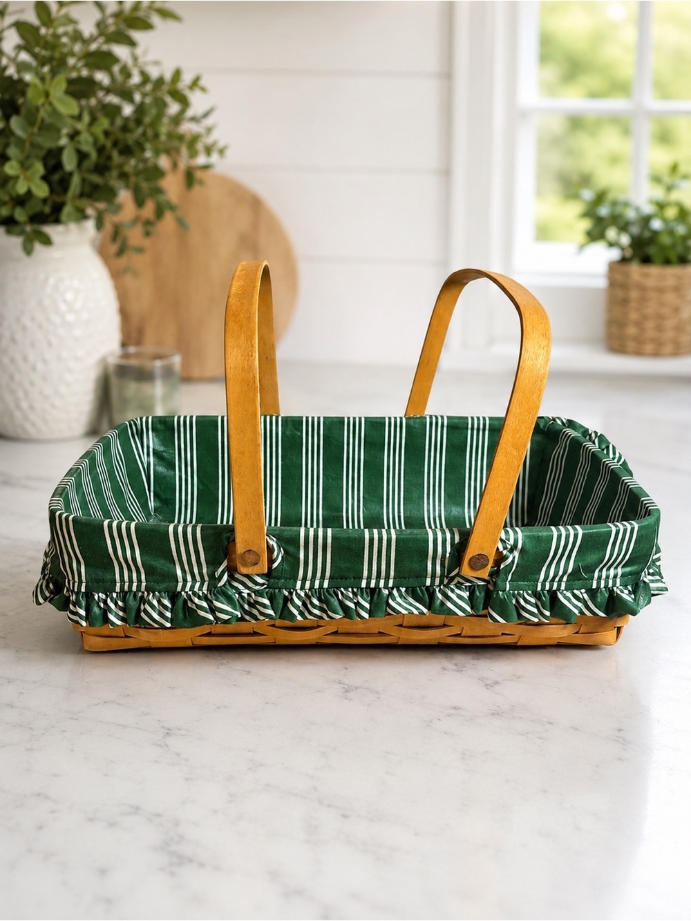 Vintage 1978 Longaberger Handwoven Basket with Original Green Striped Liner